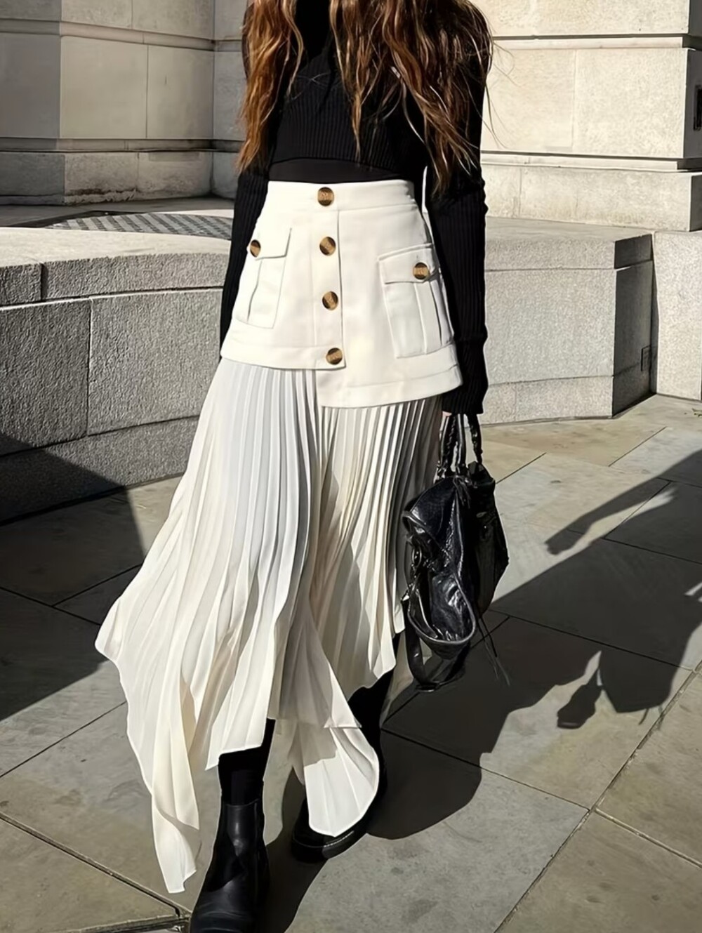 Women’s Cream Pleated Maxi Skirt with Buttoned Overlay - Picture 2 of 4